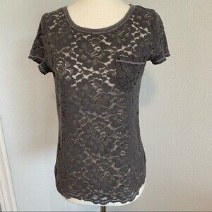 Hollister Lace Front Short Sleeve Silver Gray Woman's Top Sexy Size S